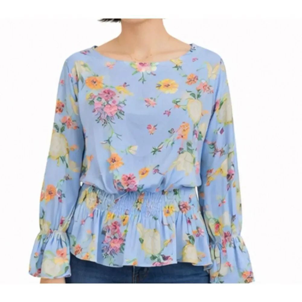 Wayf blue floral smocked waist blouse size xs